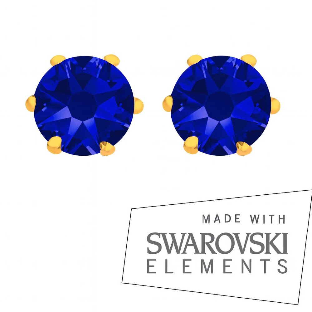 Swarovski Crystal Elements - Gold Overlay 2 CTW Sapphire Stud Earrings - 0.24"